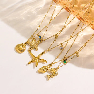 Jewelry Marine Style Starfish Conch Dolphin Titanium Steel Inlaid Gemstone Pendant Necklace
