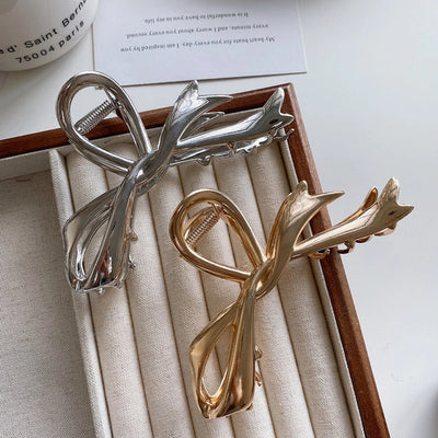 Ribbon bow hairpin for women  new back head clip shark clip high-end silver metal clip hairpin