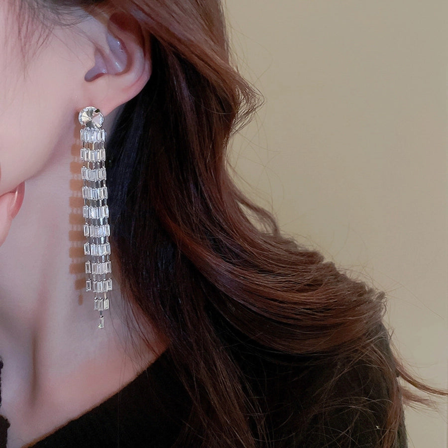 1 Pair Elegant Lady Geometric Tassel Copper Rhinestones Drop Earrings