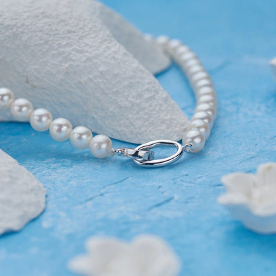 925 Sterling Silver Beaded Chain Beaded Metal Button Round Freshwater Pearl Necklace