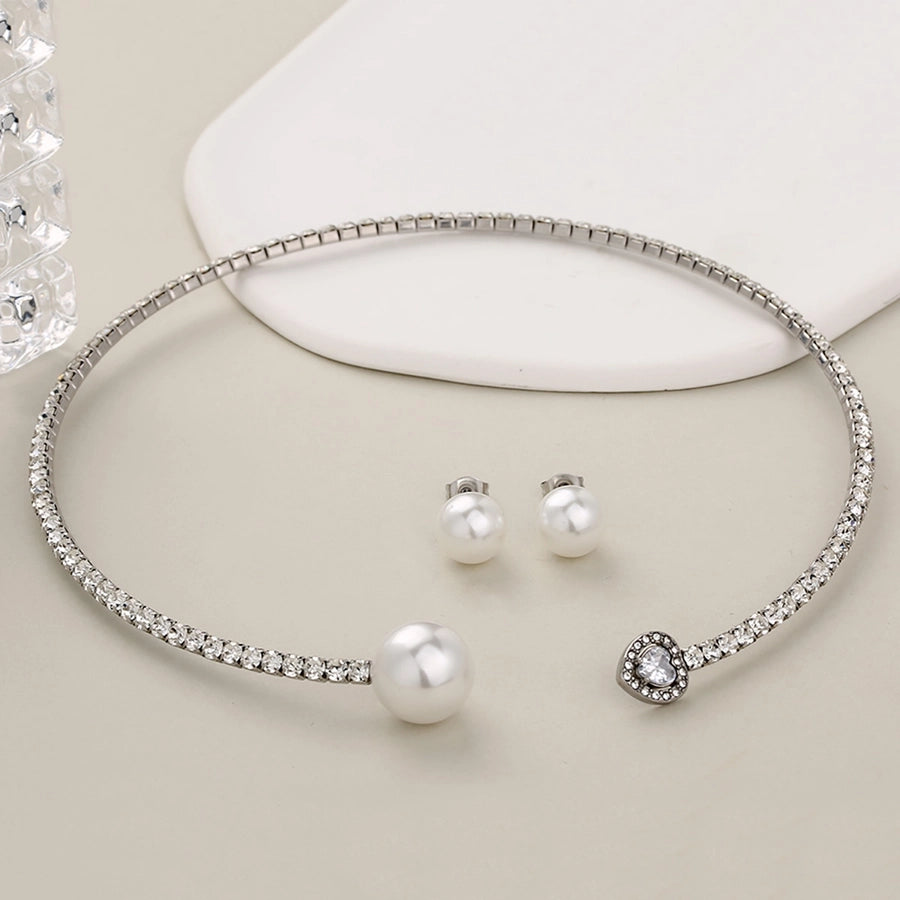 Jewelry Glam Luxurious Shiny Circle Square Heart Shape 304 Stainless Steel Imitation Pearl Rhinestone Jewelry Set