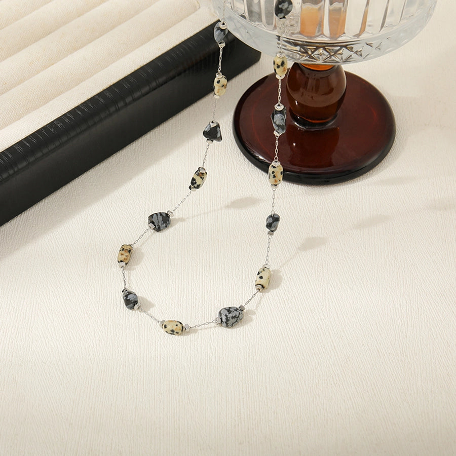 Copper cable chain Inlay Irregular Spotted stone Snowflake Obsidian Necklace