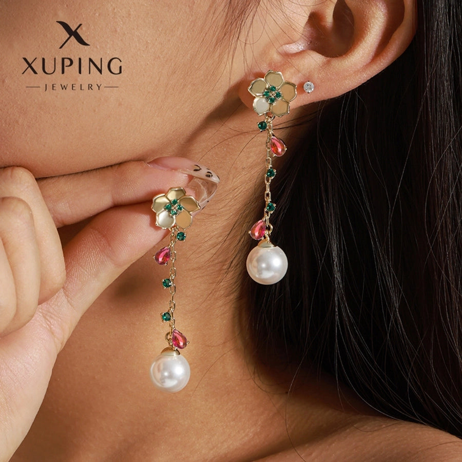 1 Pair Elegant Sweet Flower Plating Copper Artificial Gemstones Beads 18K Gold Plated Drop Earrings