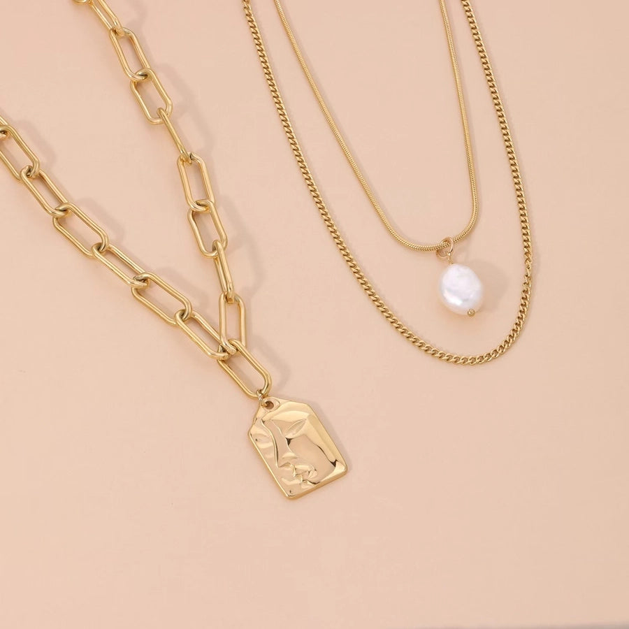 Jewelry Vintage Style French Style Human Titanium Steel Artificial Pearls 18K Gold Plated Layered Necklaces