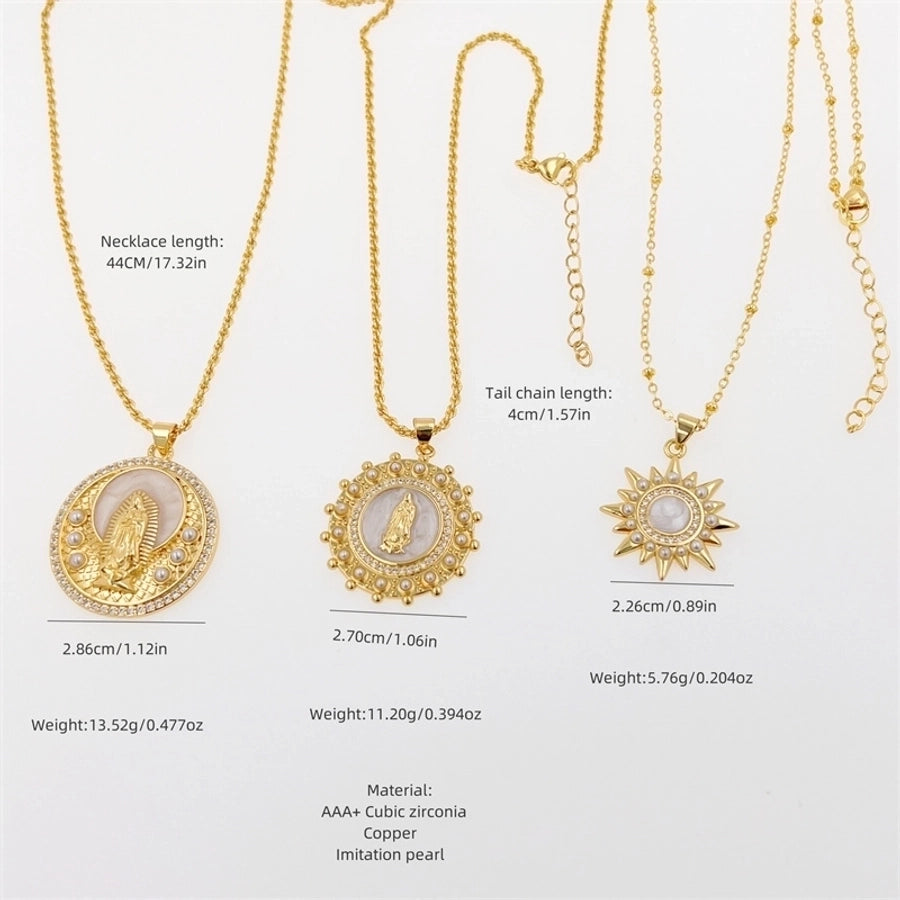 Copper 18K Gold Plated Enamel Inlay Round Virgin Mary Artificial Pearls Zircon Pendant Necklace