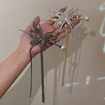 retro fashion romantic butterfly copper tassel butterfly inlaid pearls artificial pearls rhinestones hairpin