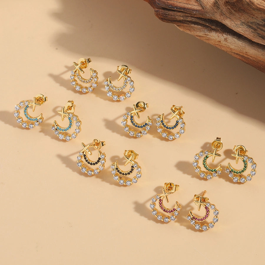 1 Pair Elegant Simple Style Commute Moon Copper Zircon 14K Gold Plated Ear Studs