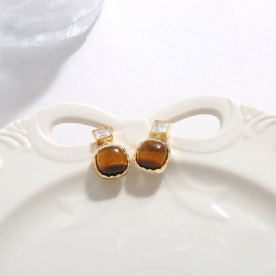 1 Pair Vintage Style Simple Style Geometric Round Heart Shape Plating Inlay Copper Natural Stone Zircon 18K Gold Plated Ear Studs