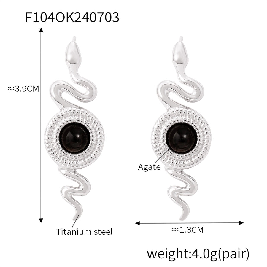 1 Pair Retro British Style Round Snake Plating Inlay 304 Stainless Steel Natural Stone Agate 18K Gold Plated Ear Studs