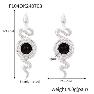 1 Pair Retro British Style Round Snake Plating Inlay 304 Stainless Steel Natural Stone Agate 18K Gold Plated Ear Studs