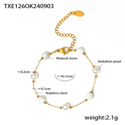 Europe and America  Natural Stone Imitation Pearl Clavicle Necklace Temperamental Bracelet  Style Niche Stainless Steel Jewelry Set