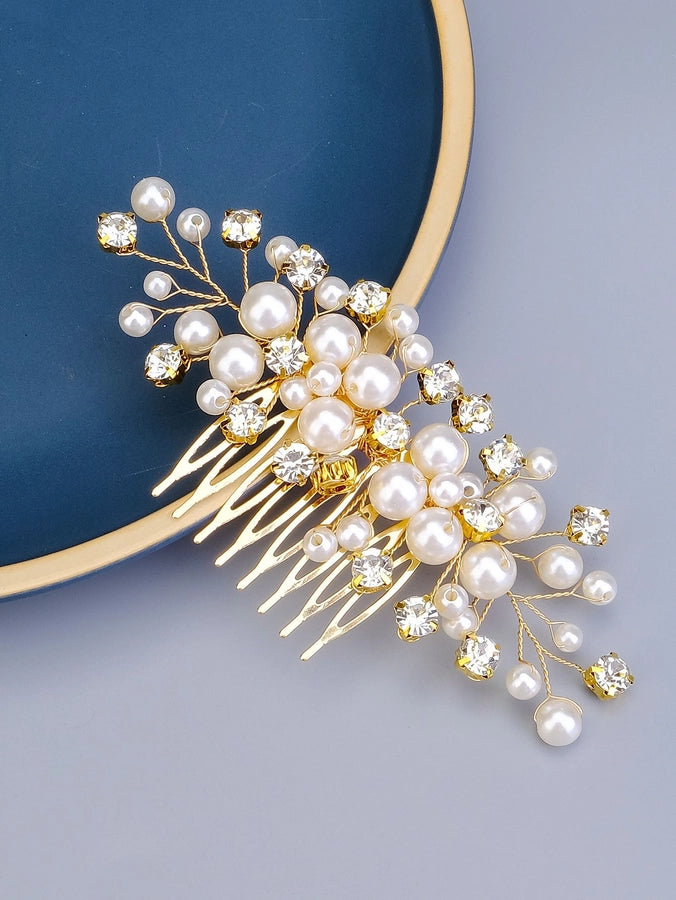 women's sweet geometric solid color alloy plating inlay artificial pearls rhinestones insert comb