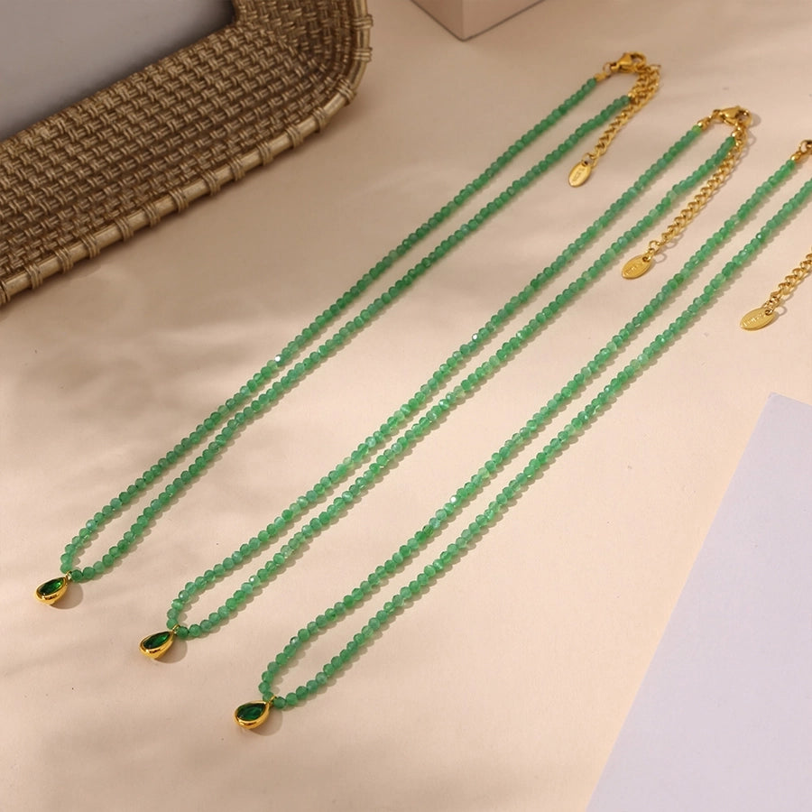 Jewelry Elegant Water Droplets 304 Stainless Steel Opal 18K Gold Plated Beaded Plating Inlay Pendant Necklace