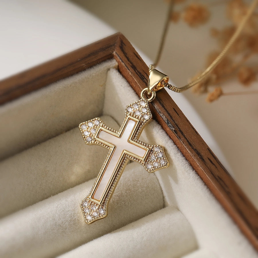 Jewelry Retro Simple Style Cross Copper Shell Zircon Pendant Necklace