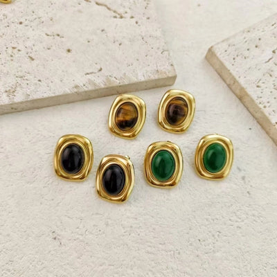 1 Pair Retro Rectangle Inlay 304 Stainless Steel Acrylic Natural Stone Tiger Eye 18K Gold Plated Ear Studs
