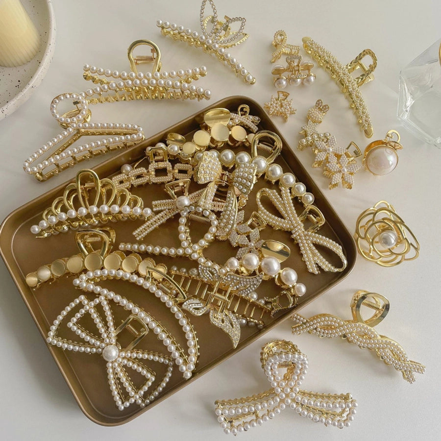 casual simple style round crown solid color metal inlay pearl hair claws