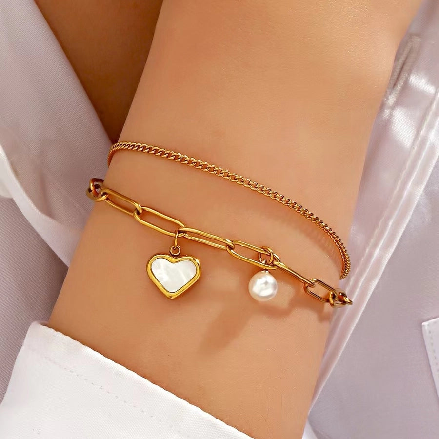 Casual Simple Style Heart Shape Titanium Steel 18K Gold Plated Artificial Pearls Shell Paperclip Chain Bracelets In Bulk