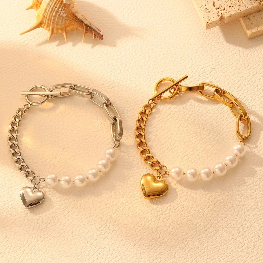 Elegant Heart Shape Titanium Steel 18K Gold Plated Beaded Chain Cuban Link Chain Curb Chain Paperclip Chain Bracelets In Bulk