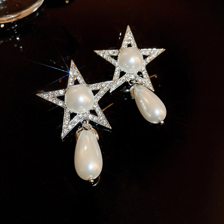 1 Pair Casual Simple Style Streetwear Star Water Droplets Inlay Copper Artificial Pearls Zircon Drop Earrings