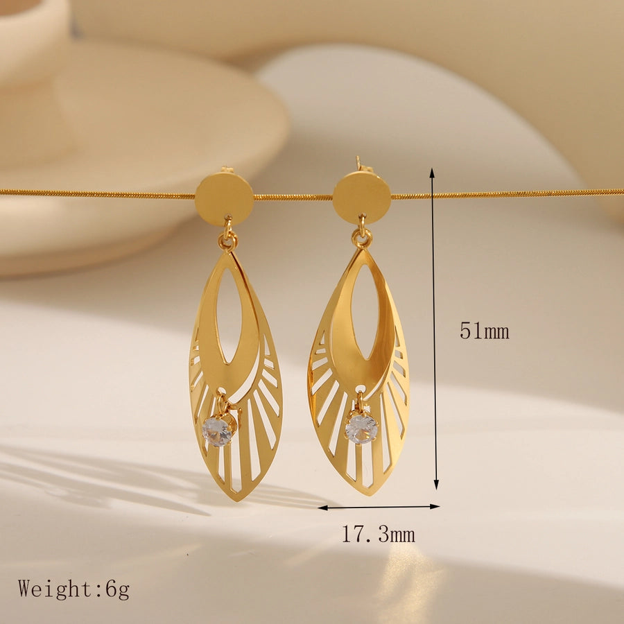 Jewelry Retro French Style Romantic Leaf Wings 304 Stainless Steel Zircon 18K Gold Plated Hollow Out Inlay Earrings Necklace