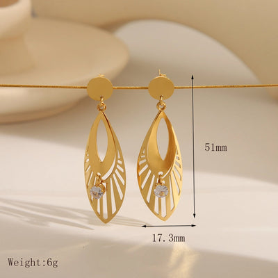Jewelry Retro French Style Romantic Leaf Wings 304 Stainless Steel Zircon 18K Gold Plated Hollow Out Inlay Earrings Necklace