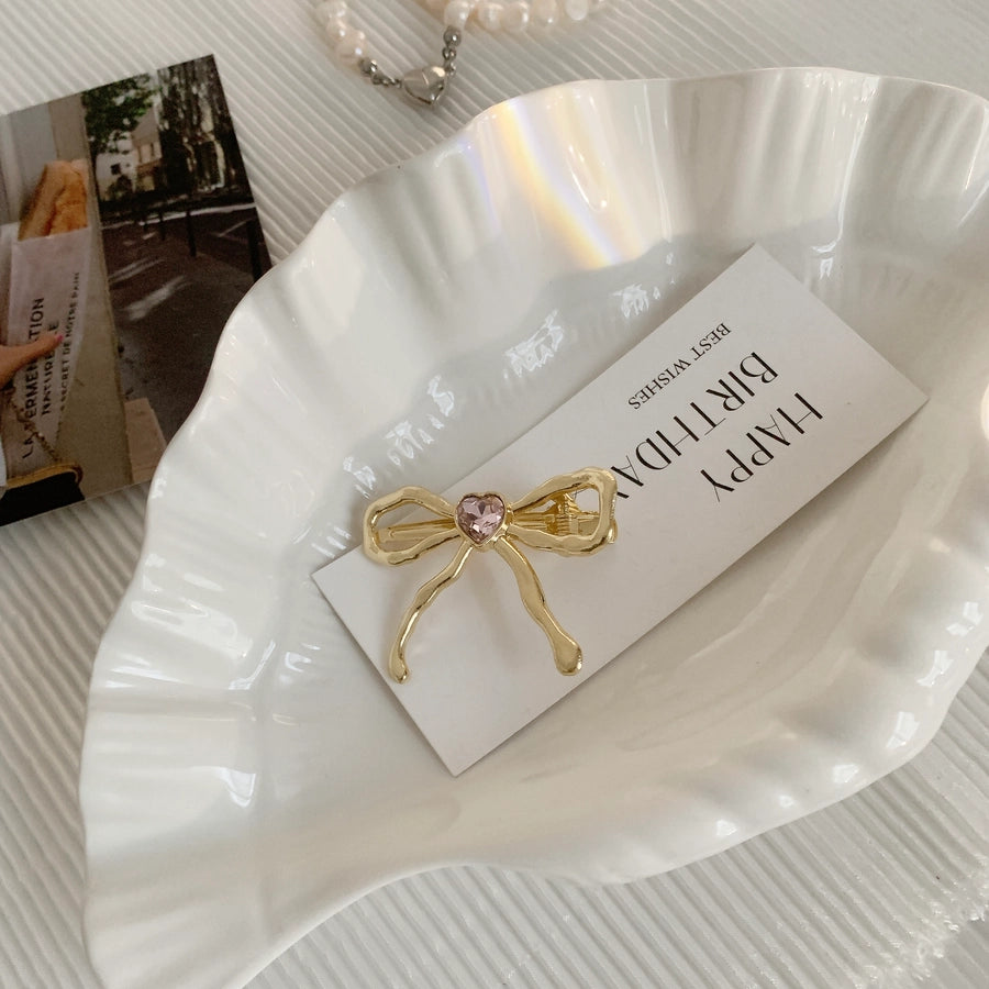 Women's IG Style Sweet Heart Shape Bow Knot Metal Hollow Out Inlay Rhinestones Hair Clip