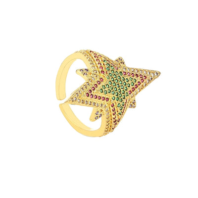 Copper Inlay Hexagram Star Zircon Open Rings