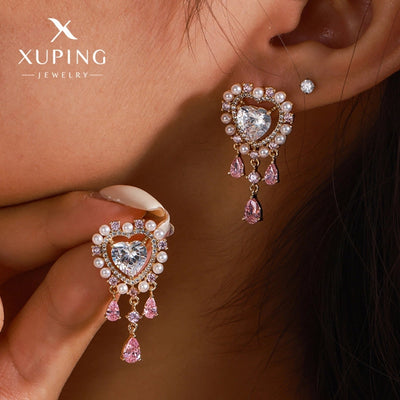 1 Pair Luxurious Sweet Heart Shape Plating Copper Artificial Gemstones 18K Gold Plated Drop Earrings