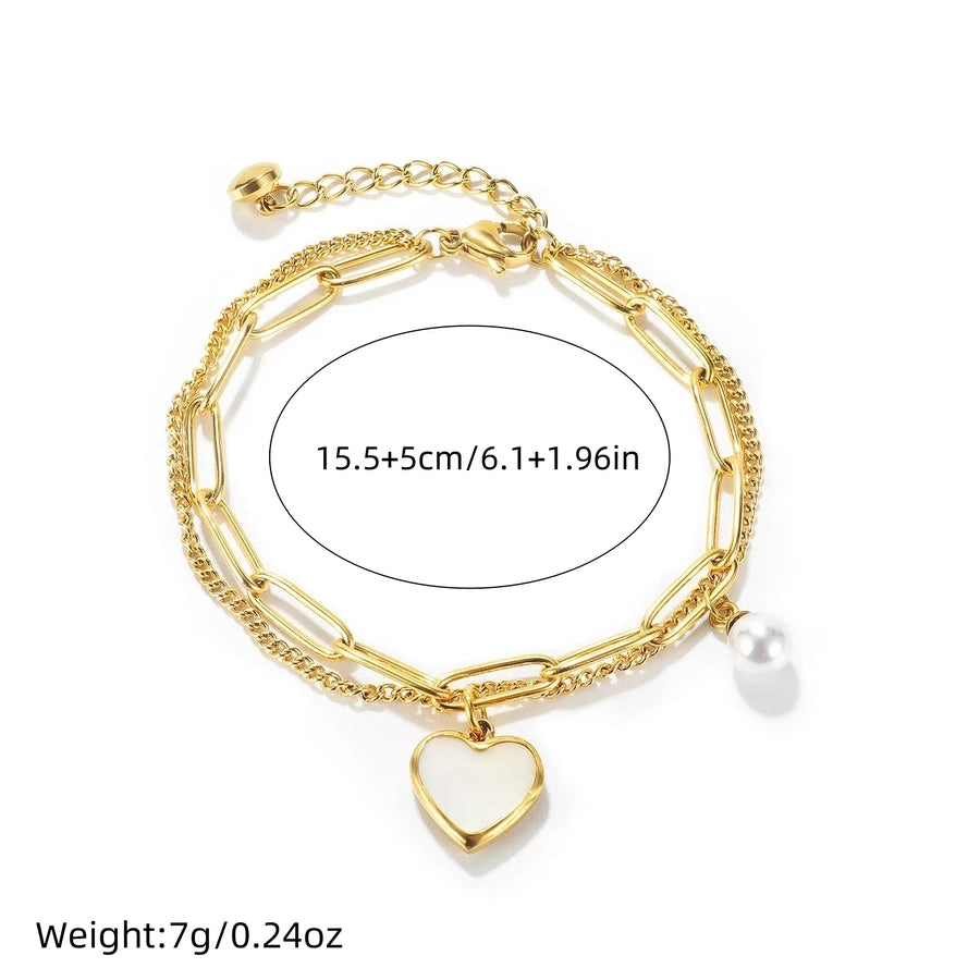 Casual Simple Style Heart Shape Titanium Steel 18K Gold Plated Artificial Pearls Shell Paperclip Chain Bracelets In Bulk