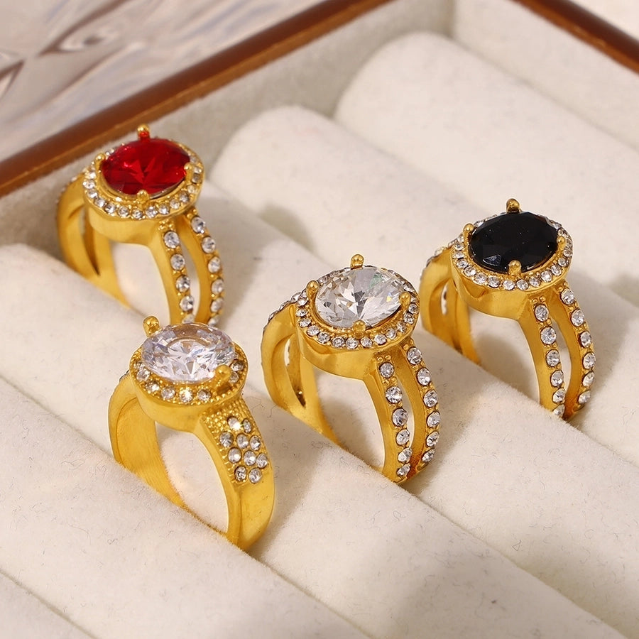 Jewelry Vintage Style Geometric Oval Titanium Steel Zircon 18K Gold Plated Inlay Rings
