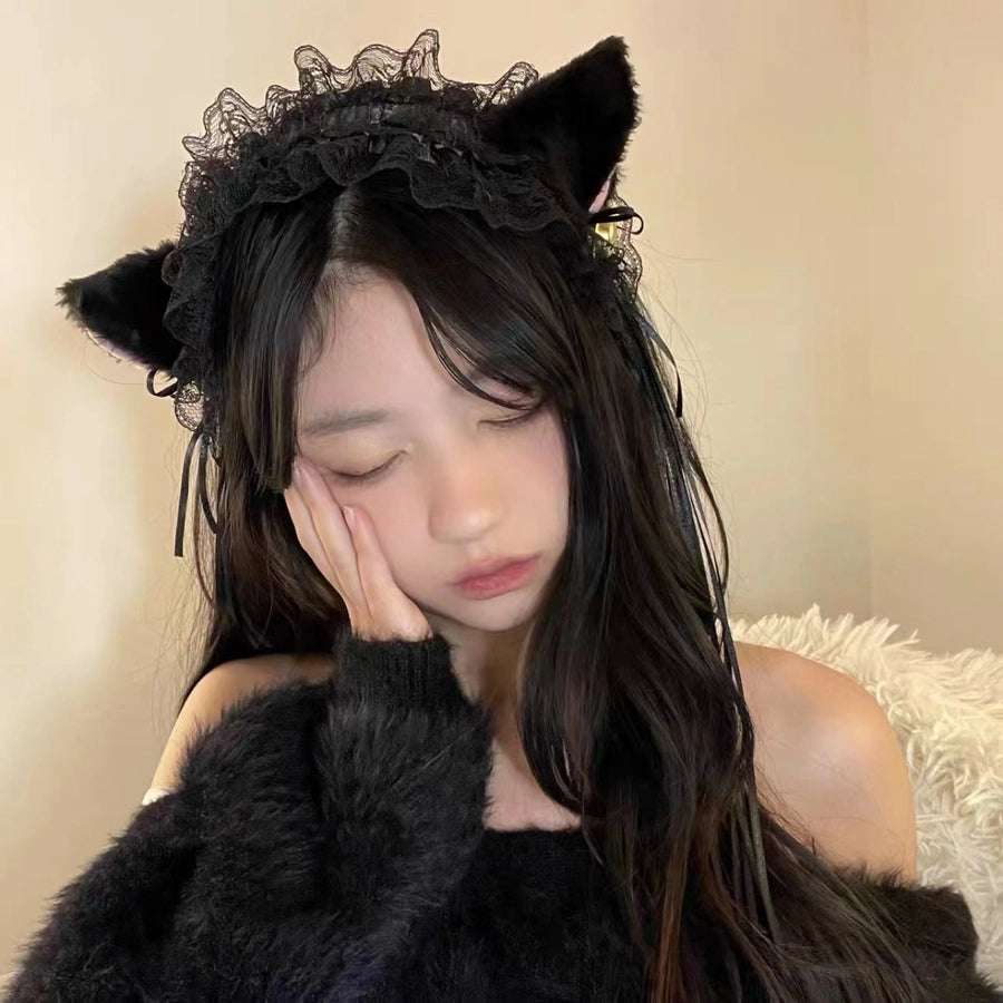 retro cat ears lace handmade hair band 1 piece