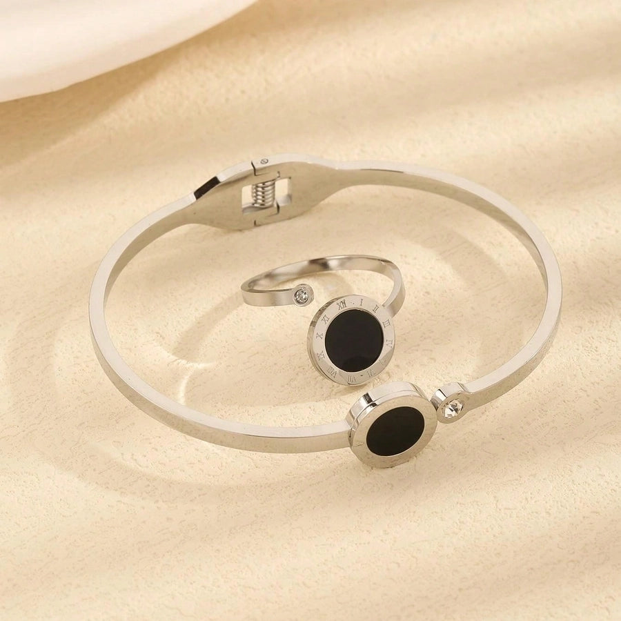Jewelry Vintage Style Simple Style Roman Style Round Roman Numeral 304 Stainless Steel Shell Zircon Inlay Rings Bracelets