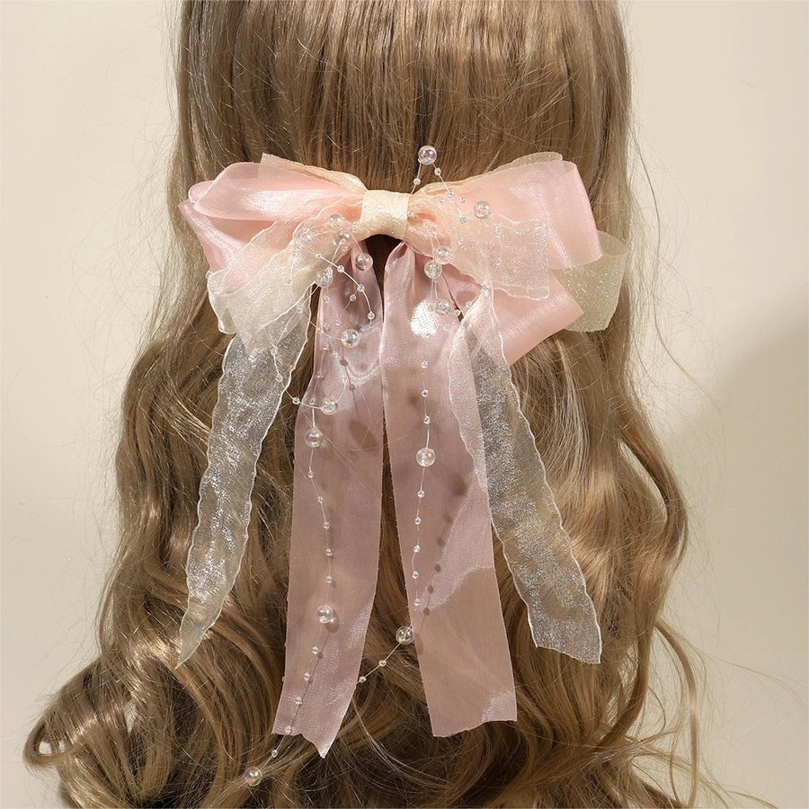 Women's IG Style Sweet Bow Knot Beaded Gauze Hair Clip