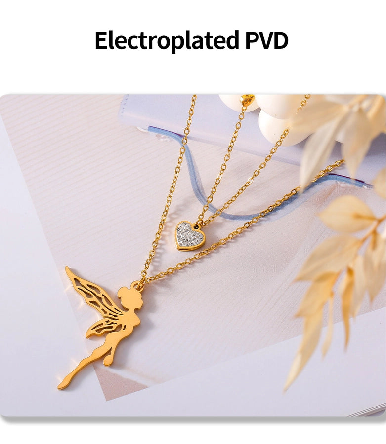 Jewelry Sweet Korean Style Angel Heart Shape 304 Stainless Steel Rhinestones 18K Gold Plated Layered Plating Inlay Double Layer Necklaces Pendant Necklace