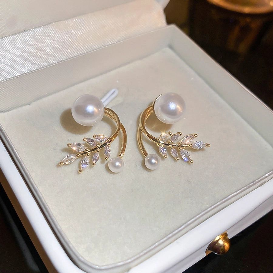 1 Pair Casual Simple Style Streetwear Leaf Plating Copper Artificial Pearls Zircon Earrings