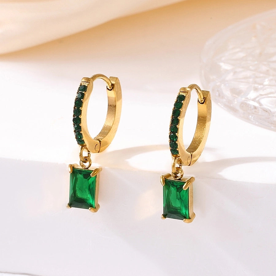 1 Pair Elegant Vacation Rectangle Inlay 304 Stainless Steel Zircon 18K Gold Plated Drop Earrings