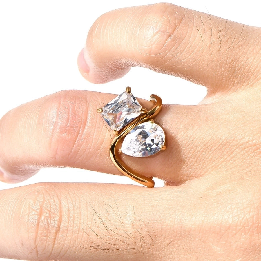 Jewelry Elegant Square Water Droplets 304 Stainless Steel Rhinestones 18K Gold Plated Inlay Rings
