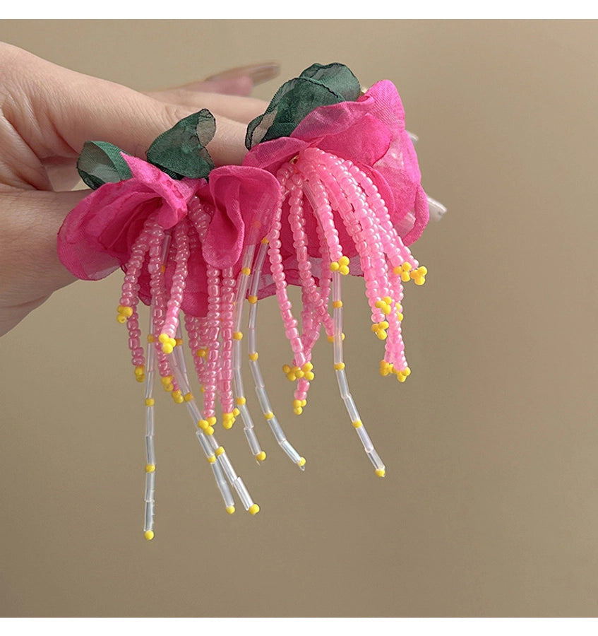 Mori chiffon flower beaded earrings female super fairy exaggerated Rose Red holiday style earrings  new popular