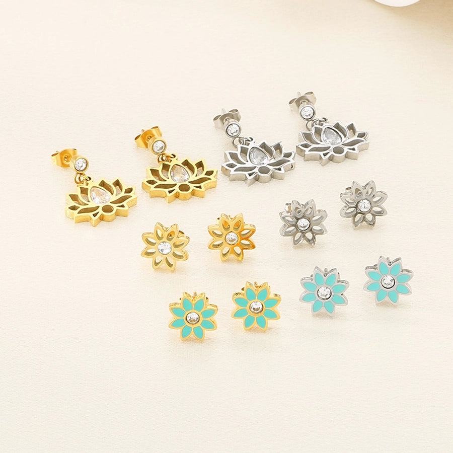 1 Pair Vintage Style Flower Hollow Out Inlay 304 Stainless Steel Zircon 18K Gold Plated Ear Studs