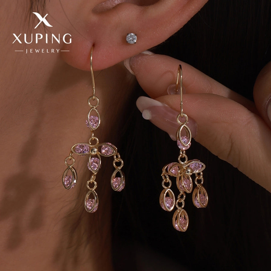 1 Pair Lady Sweet Geometric Tassel Plating Copper Artificial Gemstones 18K Gold Plated Drop Earrings