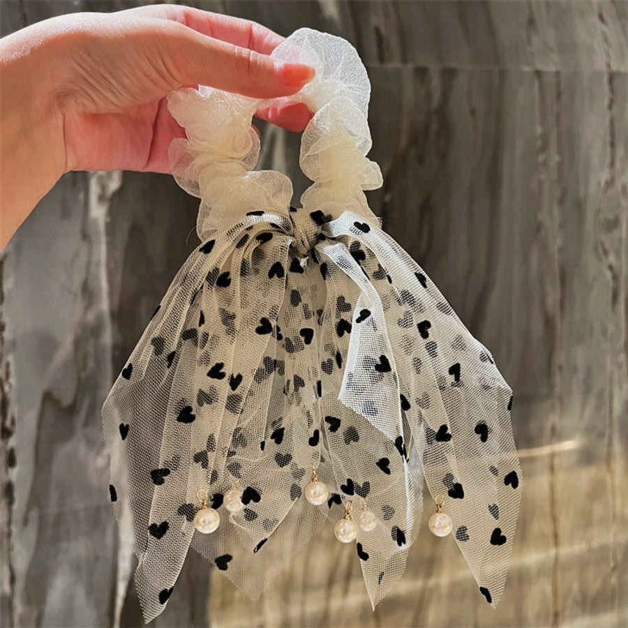 casual heart shape gauze tassel pearl hair tie
