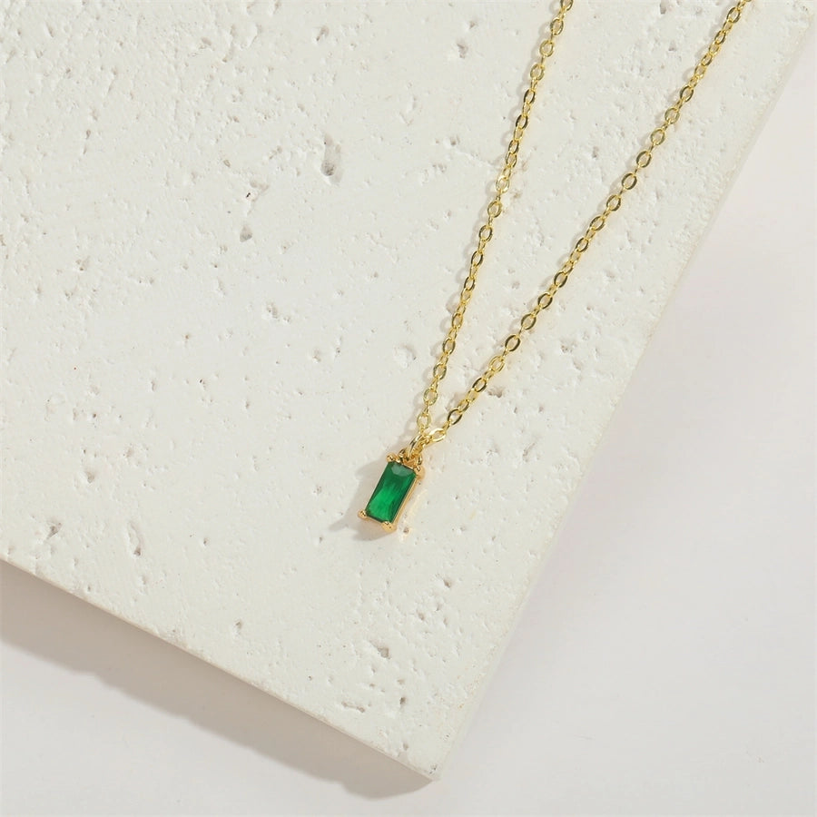 Copper 14K Gold Plated Inlay Rectangle Zircon Pendant Necklace