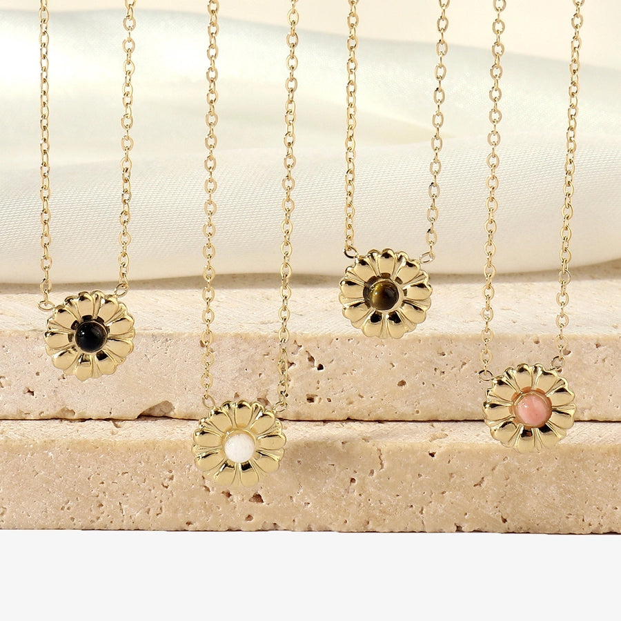 Jewelry Retro French Style Daisy Titanium Steel Natural Stone 14K Gold Plated Plating Inlay Pendant Necklace