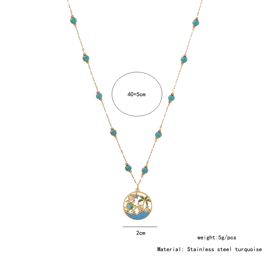 Jewelry Hawaiian Commute Coconut Tree Dolphin 304 Stainless Steel Pearl 18K Gold Plated Hollow Out Jewelry Set