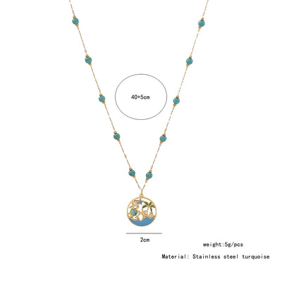 Jewelry Hawaiian Commute Coconut Tree Dolphin 304 Stainless Steel Pearl 18K Gold Plated Hollow Out Jewelry Set