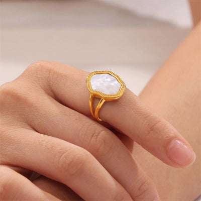 Jewelry Elegant Baroque Style Irregular Titanium Steel Shell 18K Gold Plated Inlay Open Rings