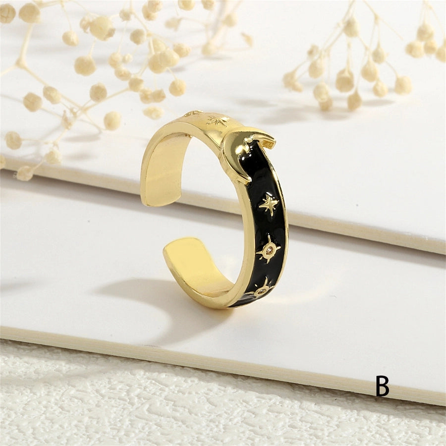 Copper Enamel Inlay Star Moon Zircon Open Rings