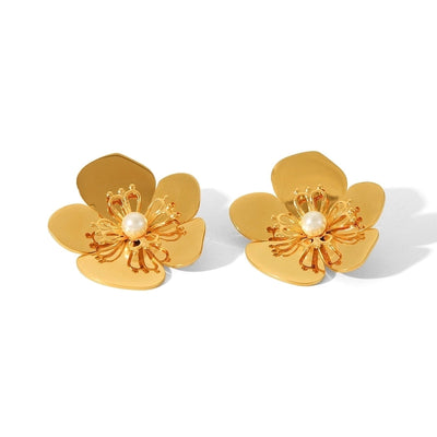 1 Pair IG Style Flower Plating Inlay 304 Stainless Steel Pearl 18K Gold Plated Ear Studs