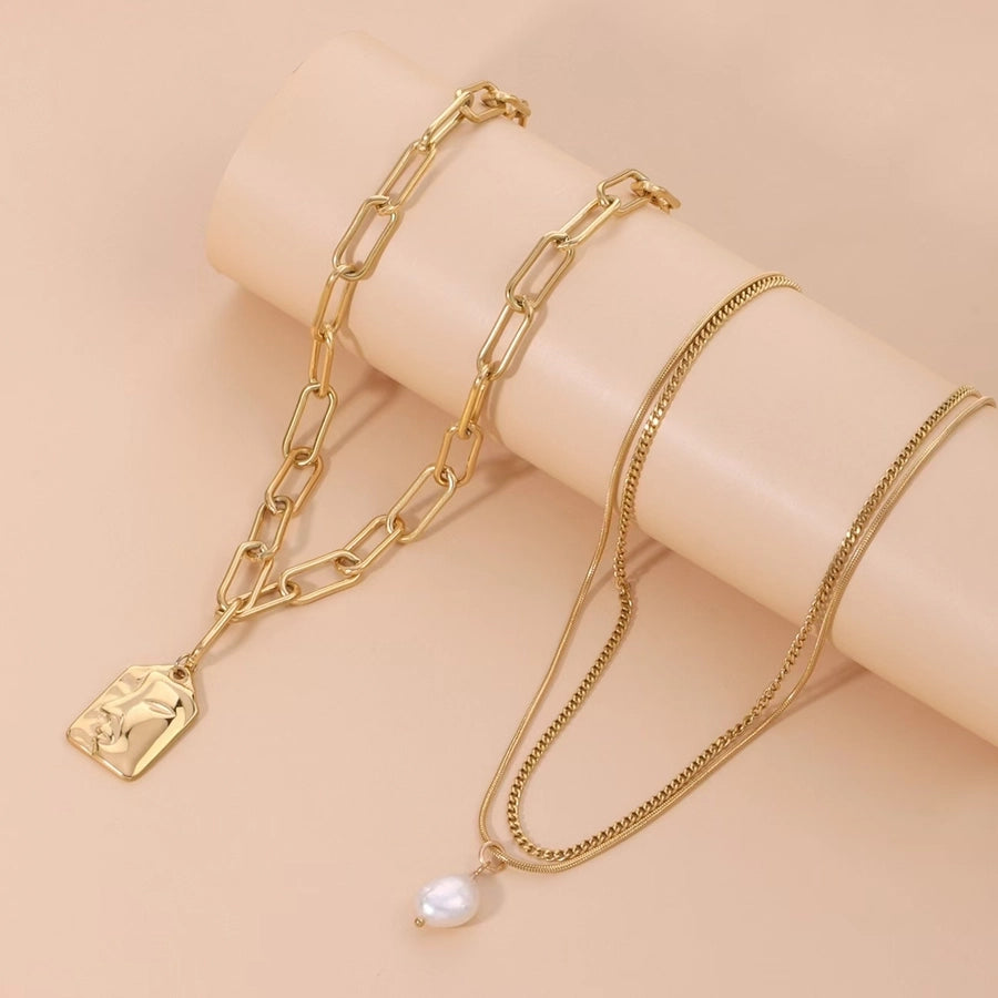 Jewelry Vintage Style French Style Human Titanium Steel Artificial Pearls 18K Gold Plated Layered Necklaces