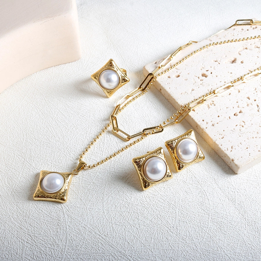 Jewelry IG Style Simple Style Commute Rhombus 304 Stainless Steel Pearl Inlay Rings Earrings Necklace